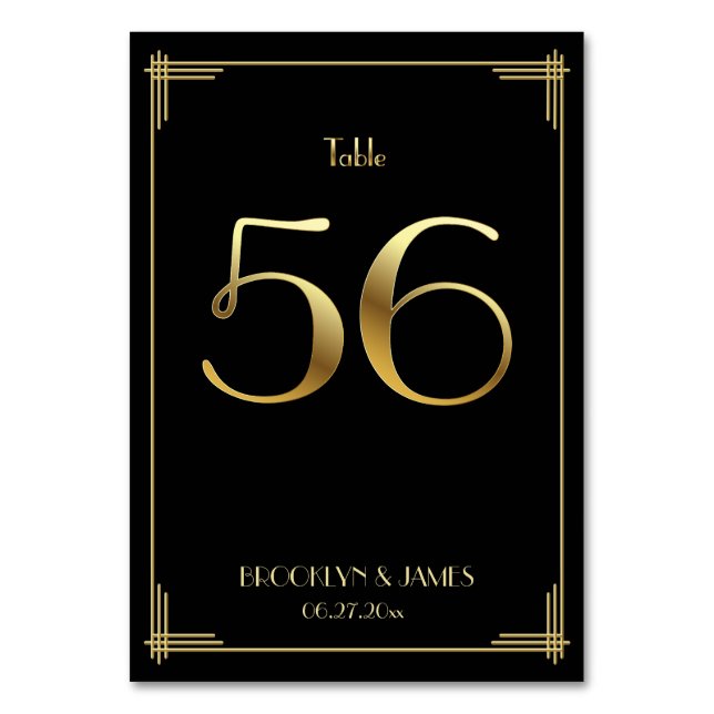 Great Gatsby Art Deco Table Number 56 Gold Black (Front)