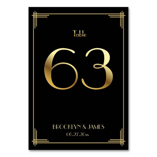 Great Gatsby Art Deco Table Number 63 Gold Black (Front)