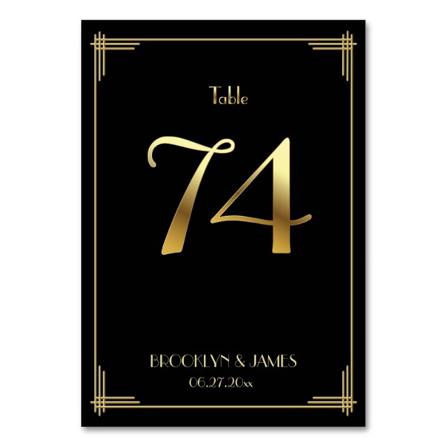 Great Gatsby Art Deco Table Number 74 Gold Black (Front)