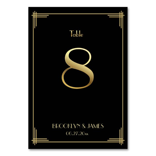 Great Gatsby Art Deco Table Number 8 Gold Black (Front)