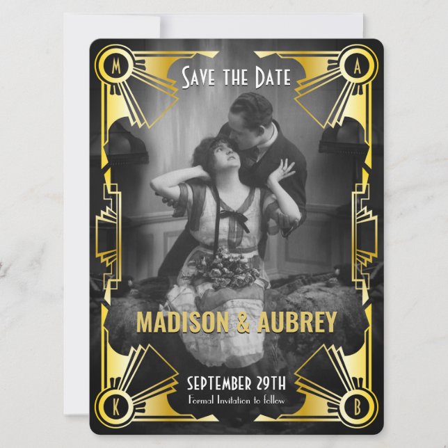 Great Gatsby Art Deco Wedding Gold & Black Photo Save The Date (Front)