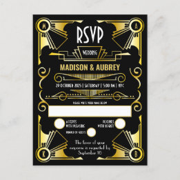 Great Gatsby Art Deco Wedding Gold & Black RSVP Invitation Postcard