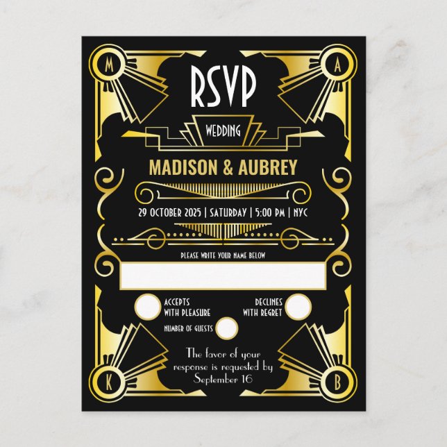 Great Gatsby Art Deco Wedding Gold & Black RSVP Invitation Postcard (Front)