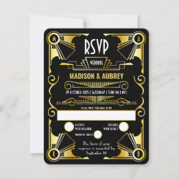 Great Gatsby Art Deco Wedding Opulent Gold & Black RSVP Card