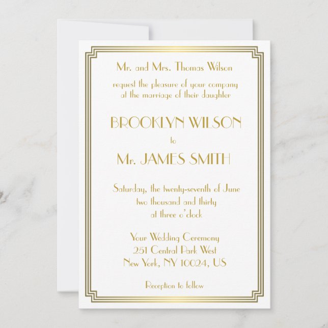 Great Gatsby Art Deco White Gold Wedding Invites (Front)
