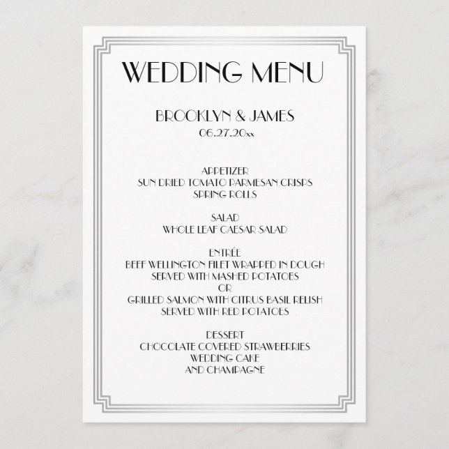 Great Gatsby Art Deco White Silver Wedding Menu (Front)