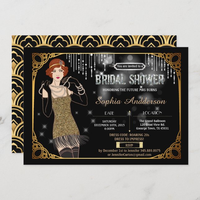 Great Gatsby bridal shower invitation flapper (Front/Back)