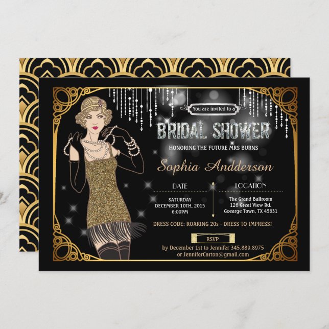 Great Gatsby bridal shower invitation flapper (Front/Back)