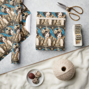 Great gatsby Flapper blue gold black 1920's Wrapping Paper
