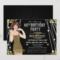 Great Gatsby Flapper Girl 40th Birthday Invitation