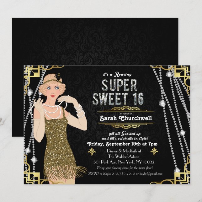 Great Gatsby Flapper Sweet 16 Birthday Invitation (Front/Back)
