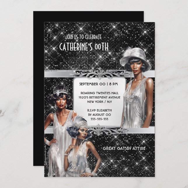 Great Gatsby glam Flapper girls silver black Invitation (Front/Back)