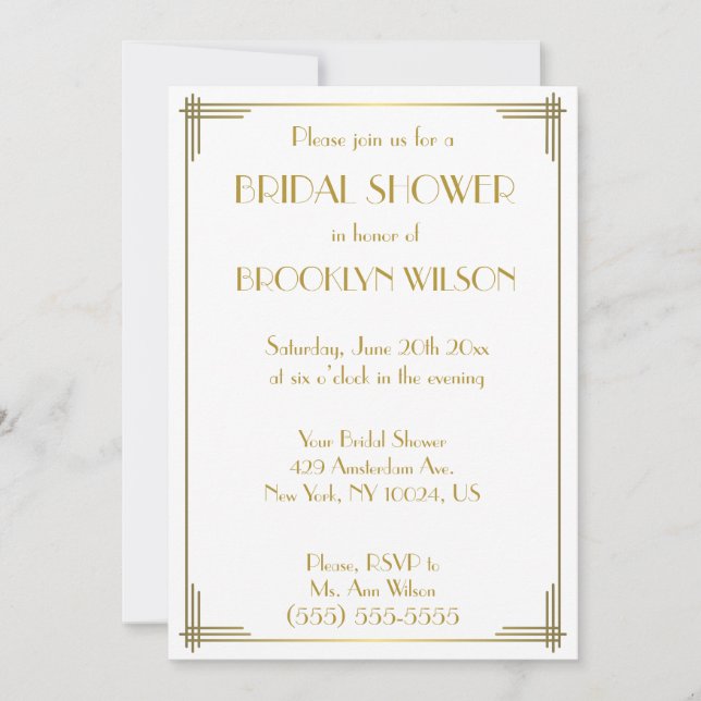 Great Gatsby Gold Art Deco Bridal Shower Invites (Front)