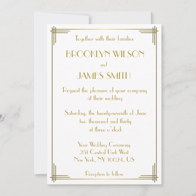 Great Gatsby Gold Art Deco Wedding Invites (Front)