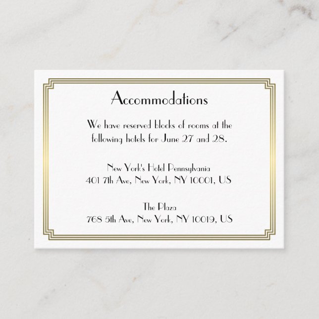 Great Gatsby Gold Wedding Accommodation Cards (Front)