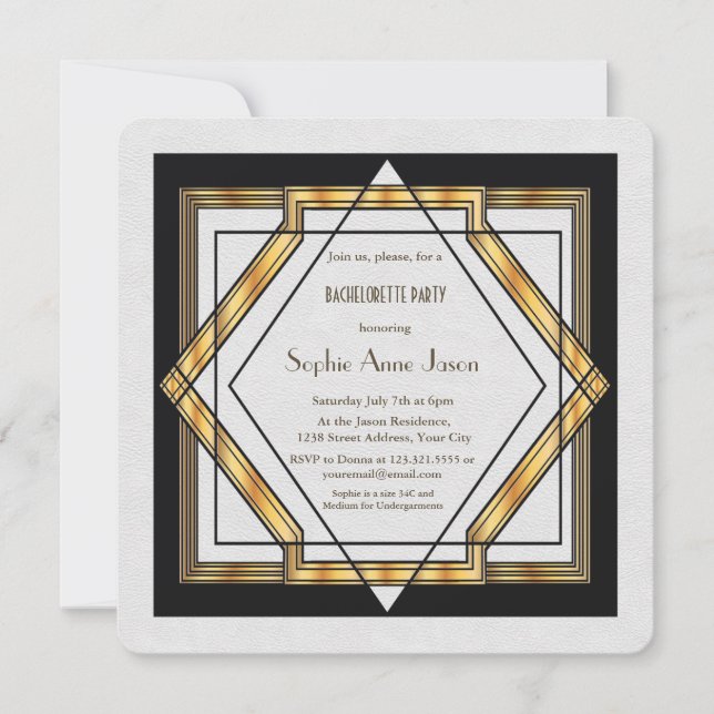 Great Gatsby Gold White Art Dec Bachelorette Party Invitation (Front)