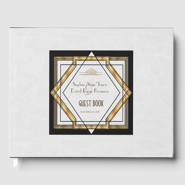 Great Gatsby Gold White Art Deco Wedding Guest Book (Front)