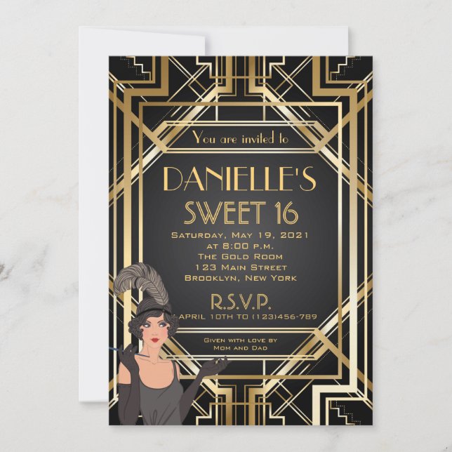 Great Gatsby Inspired Art Deco Sweet 16 Invitation (Front)