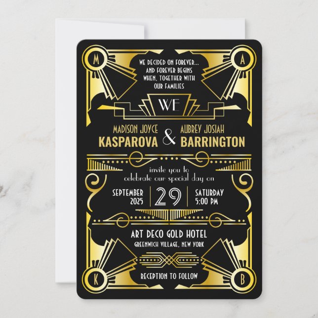 Great Gatsby Ornate Gold & Black Art Deco Wedding Invitation (Front)