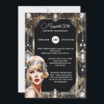Great Gatsby roaring twenties flapper art deco Invitation<br><div class="desc">Celebrate your milestone birthday with this gorgeous "The Great Gatsby" themed 5x7 inch invitation. This vibrant, trendy and vintage design featuring a beautiful blonde flapper girl wearing a headband and deep red lipstick is framed by a roaring twenties geometric art deco border adorned with gems. The black inlay has white...</div>