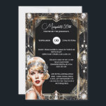 Great Gatsby roaring twenties flapper art deco Invitation<br><div class="desc">Celebrate your milestone birthday with this gorgeous "The Great Gatsby" themed 5x7 inch invitation. This vibrant, trendy and vintage design featuring a beautiful blonde flapper girl wearing a headband and deep red lipstick is framed by a roaring twenties geometric art deco border adorned with gems. The black inlay has white...</div>