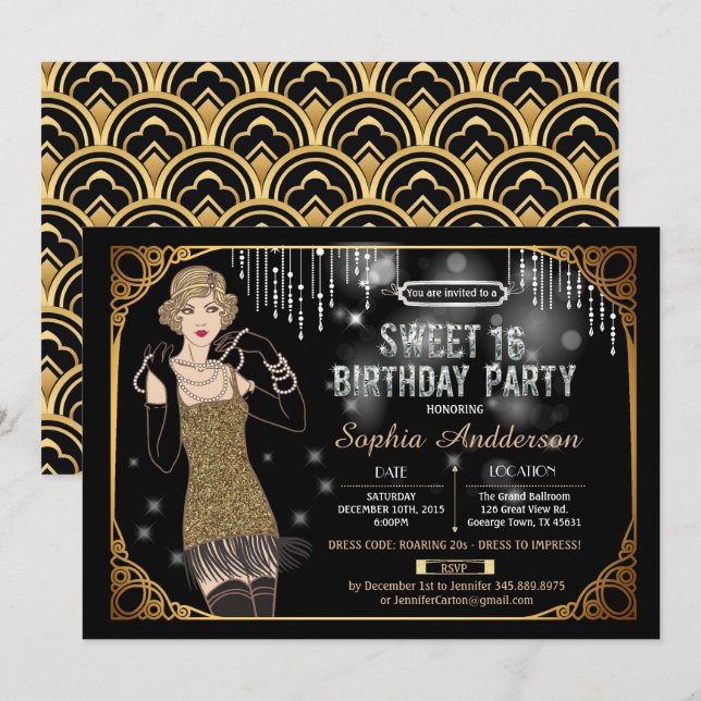 Great Gatsby sweet 16 birthday party invitation (Front/Back)