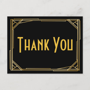Great Gatsby Thank You Black Gold Art Deco Wedding Postcard