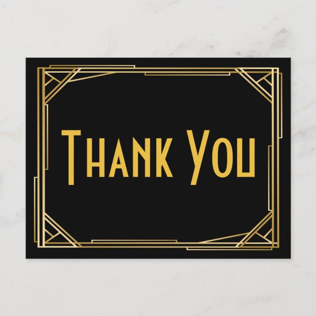 Great Gatsby Thank You Black Gold Art Deco Wedding Postcard (Front)