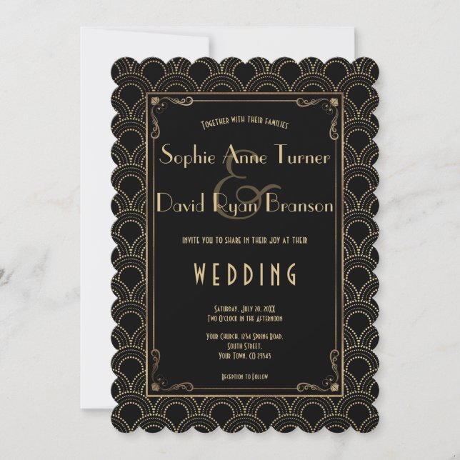Great Gatsby Vintage 1920s Gold Art Deco Wedding Invitation (Front)