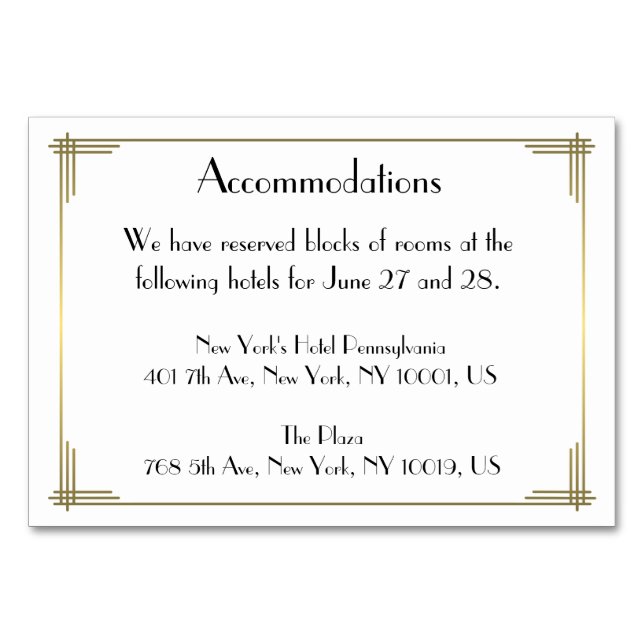 Great Gatsby White Art Deco Wedding Accommodation Table Number (Front)