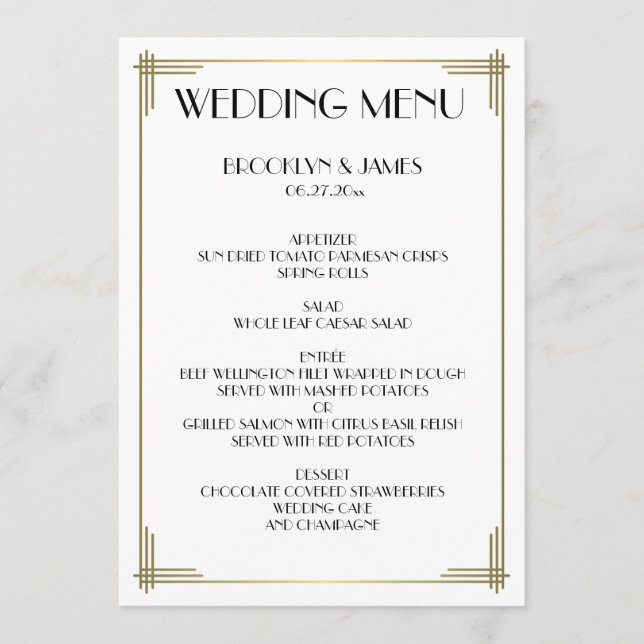 Great Gatsby White Art Deco Wedding Menu (Front)