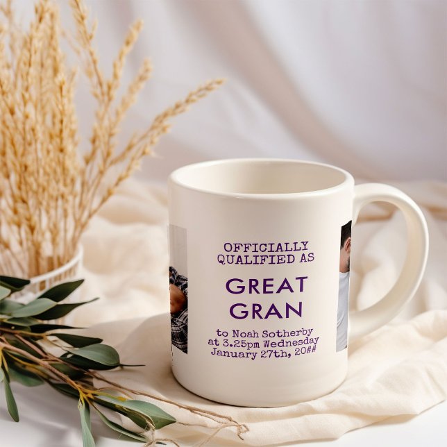 Great Gran 2 Custom Baby Photos and Birth Stats Coffee Mug (Great Gran baby birth announcement photo mug)