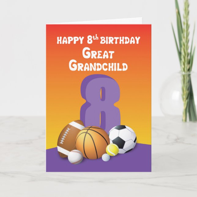 Great Grandchild, Girl 8th Birthday Sports Balls Card (Front)