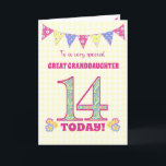 Great Granddaughter 14th Birthday Primroses Card<br><div class="desc">A pretty 14th Birthday card for your great granddaughter, with polka dot bunting, primrose flowers and numbers filled with a primrose pattern, all on a pale yellow check gingham background. The front cover message is, 'To a very special GREAT GRANDDAUGHTER 14 TODAY!' The inside message is just a suggestion and...</div>