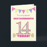 Great Granddaughter 14th Birthday Primroses Card<br><div class="desc">A pretty 14th Birthday card for your great granddaughter, with polka dot bunting, primrose flowers and numbers filled with a primrose pattern, all on a pale yellow check gingham background. The front cover message is, 'To a very special GREAT GRANDDAUGHTER 14 TODAY!' The inside message is just a suggestion and...</div>
