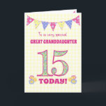 Great Granddaughter 15th Birthday Primroses Card<br><div class="desc">A pretty 15th Birthday card for your great granddaughter, with polka dot bunting, primrose flowers and numbers filled with a primrose pattern, all on a pale yellow check gingham background. The front cover message is, 'To a very special GREAT GRANDDAUGHTER 15 TODAY!' The inside message is just a suggestion and...</div>