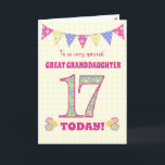 Great Granddaughter 17th Birthday Primroses Card<br><div class="desc">A pretty 17th Birthday card for your great-granddaughter, with polka dot bunting, primrose flowers and numbers filled with a primrose pattern, all on a pale yellow check gingham background. The front cover message is, 'To a very special GREAT GRANDDAUGHTER 17 TODAY!' The inside message is just a suggestion and you...</div>