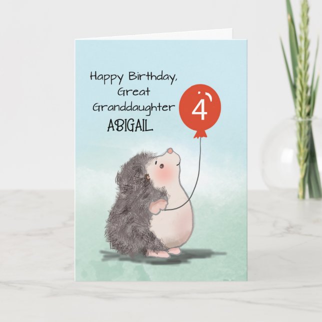 Great Granddaughter 4th Birthday Hedgehog Balloon Card (Front)