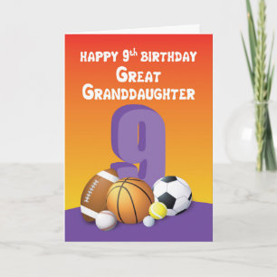 Great Granddaughter 9th Birthday Sports Balls Card