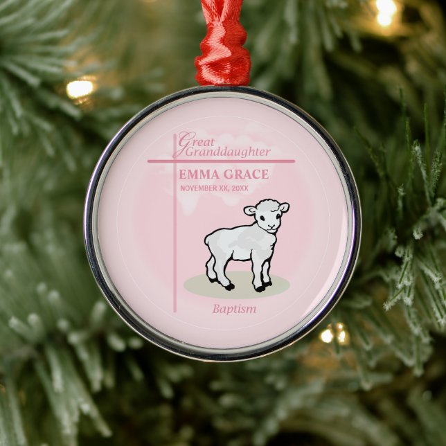 Great Granddaughter Baptism Pink Girl Lamb  Metal Ornament (Tree)