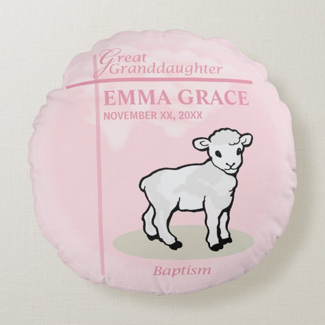 Great Granddaughter Baptism Pink Girl Lamb Round Cushion (Front)