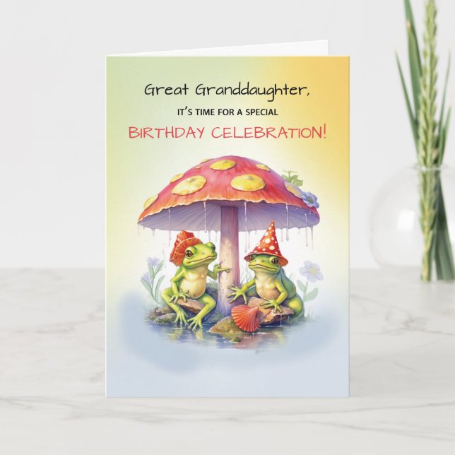 Great Granddaughter Birthday Cute Frogs Mushroom Card (Front)