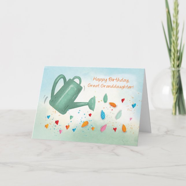 Great Granddaughter Birthday Watering Can Hearts Card (Front)