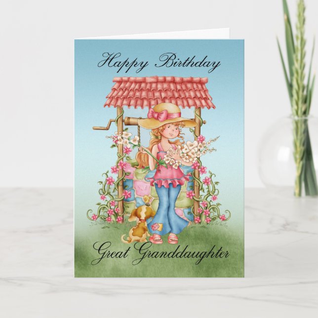 Great Granddaughter Cute Girl And Wishing Well Bir Card (Front)