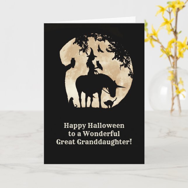Great Granddaughter Cute Witch Halloween Unicorn Card (Yellow Flower)