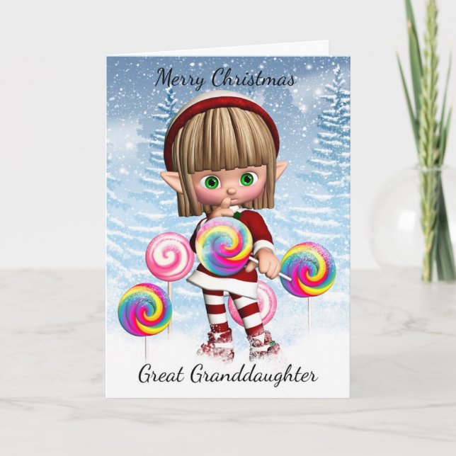 Great Granddaughter Little Elf With Candy Pops Holiday Card (Front)