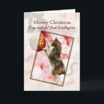 Great Granddaughter, Meowy Christmas Holiday Card<br><div class="desc">A funny Christmas card showing a calico cat standing on hind legs and playing with a red ball decoration on a Christmas tree. Inside the card is a picture of a cat wearing a Santa Hat. A fun card to send to cat loving friends or family.</div>