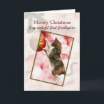 Great Granddaughter, Meowy Christmas Holiday Card<br><div class="desc">A funny Christmas card showing a calico cat standing on hind legs and playing with a red ball decoration on a Christmas tree. Inside the card is a picture of a cat wearing a Santa Hat. A fun card to send to cat loving friends or family.</div>