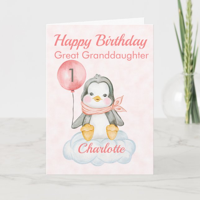 Great Granddaughter Penguin Happy 1st Birthday Card (Front)