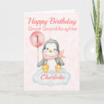 Great Granddaughter Penguin Happy 1st Birthday Card<br><div class="desc">A cute 1st birthday Great Granddaughter baby penguin birthday card. The card features a baby girl penguin sitting on a cloud holding a balloon. A sweet design for a little girl who will be one year old. Add the child, s name to the front of the card to customise it...</div>